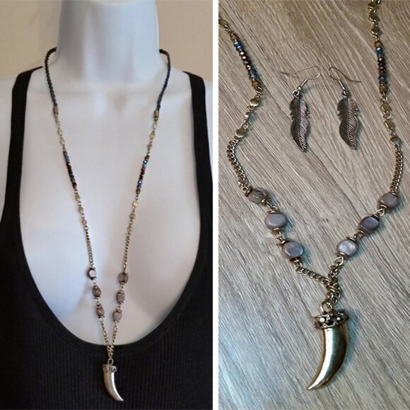 NWT Euro Collection Boho Horn Necklace Free Earrings - Picture 1 of 5